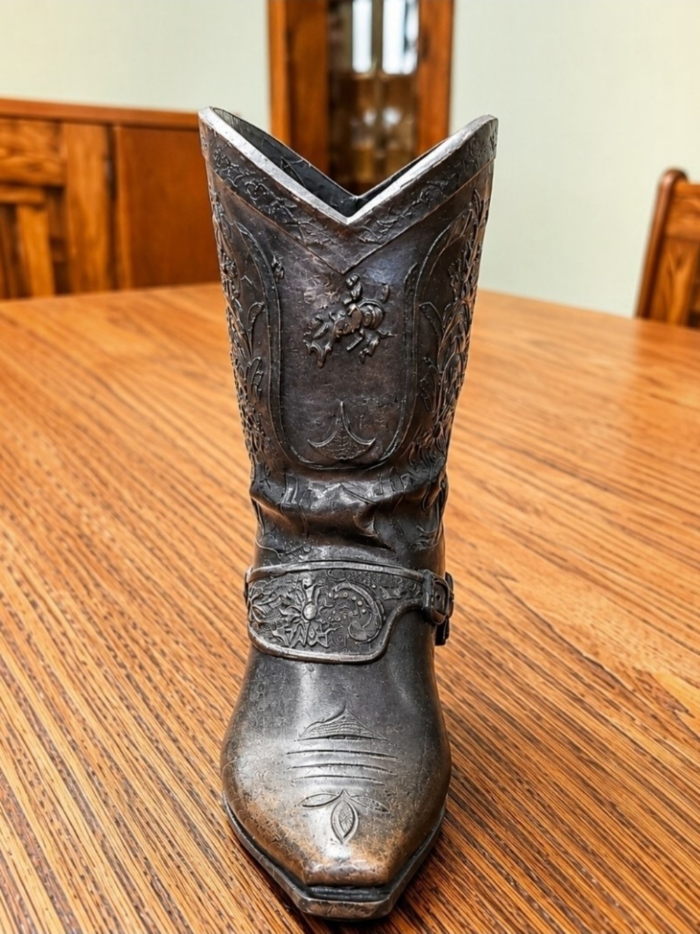 Antique-Style Decorative Cowboy Boot Vase in Dark Bronze